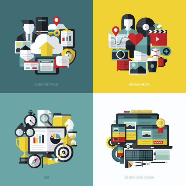 平面图标集云存储，社交媒体，SEO，网页设计图片下载