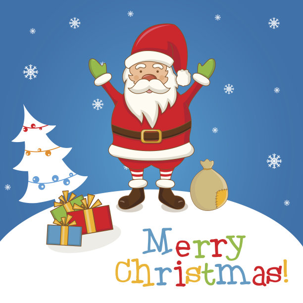 卡通人物圣诞老人在冬天的风景。向量图片下载