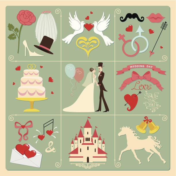 一套婚礼请柬的设计元素，图标。古董图片下载