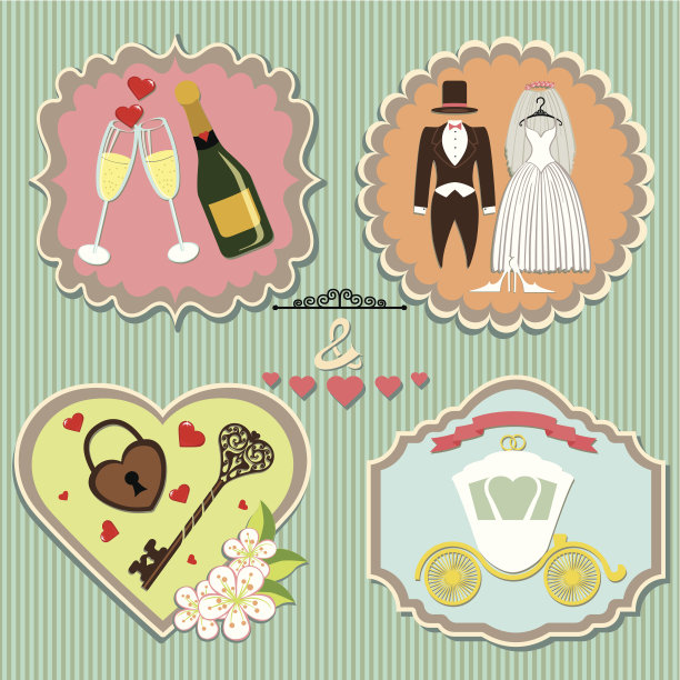 带有婚礼元素的标签。古董图片下载