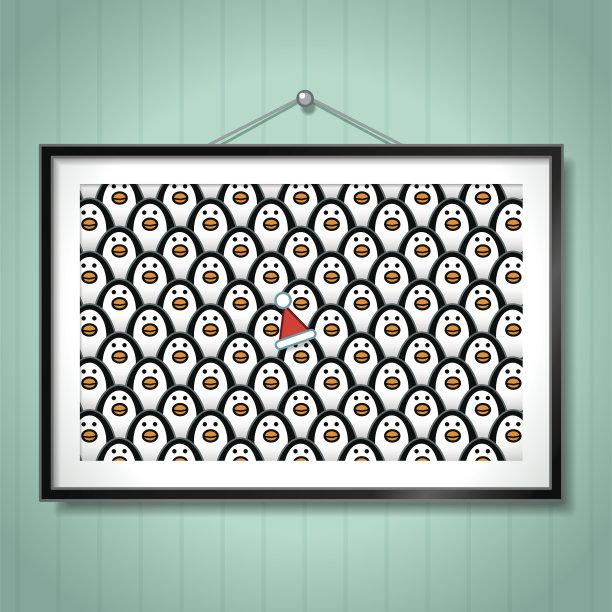 企鹅在相框一圣诞帽的合影图片下载