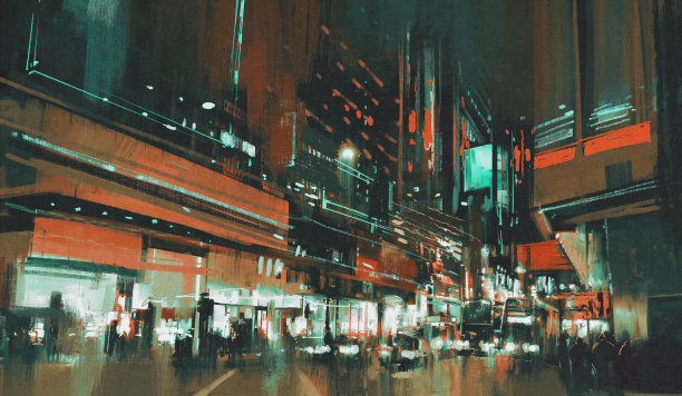 夜晚的城市街道上灯火通明图片下载