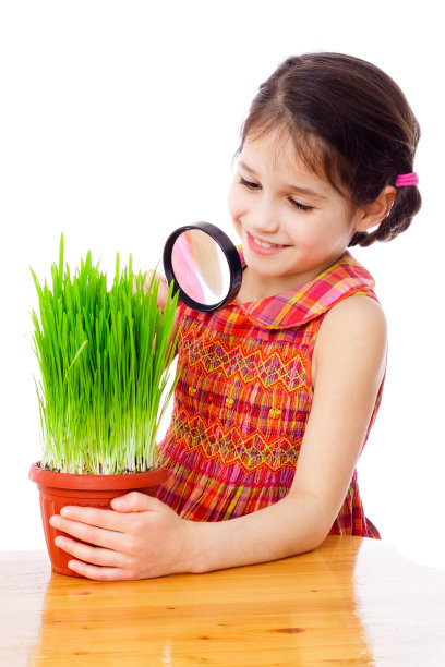 用放大镜看草的女孩图片下载