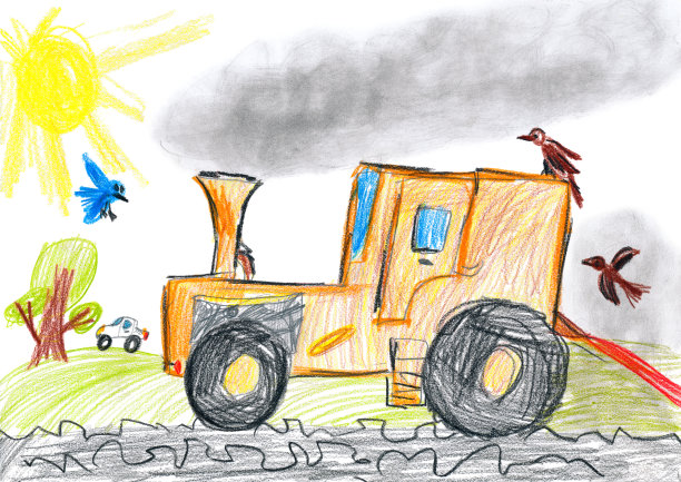 孩子画画。拖拉机犁地图片下载