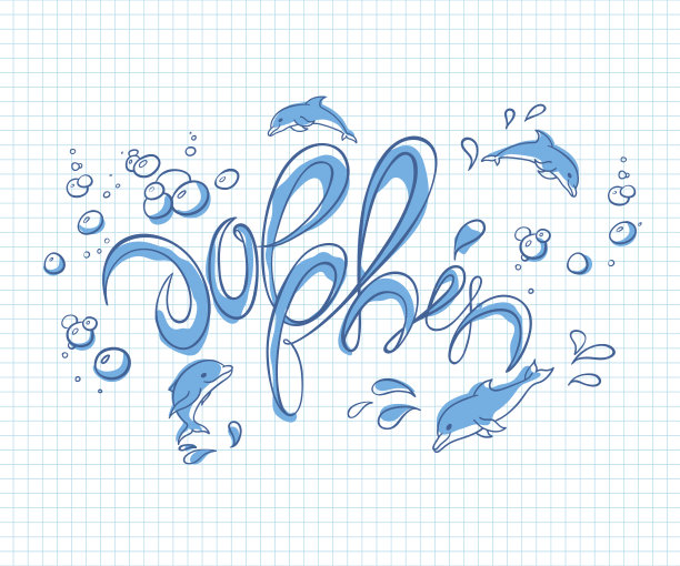 矢量手绘打印字体插图与跳跃的海豚图片下载