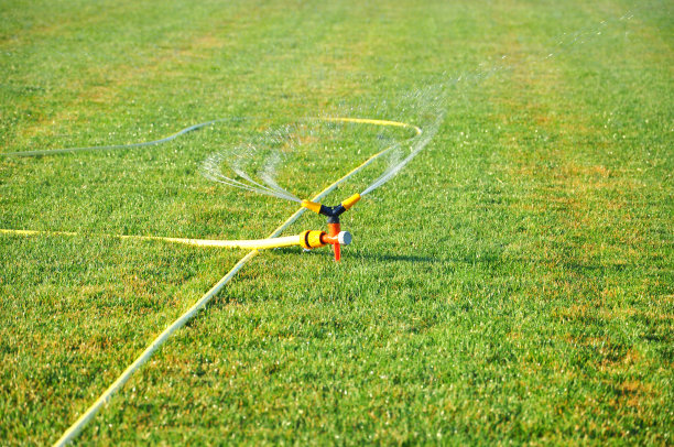 花园洒水车把水喷洒在绿色的草地上图片下载