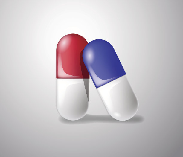 红色和蓝色药片。医学图片下载