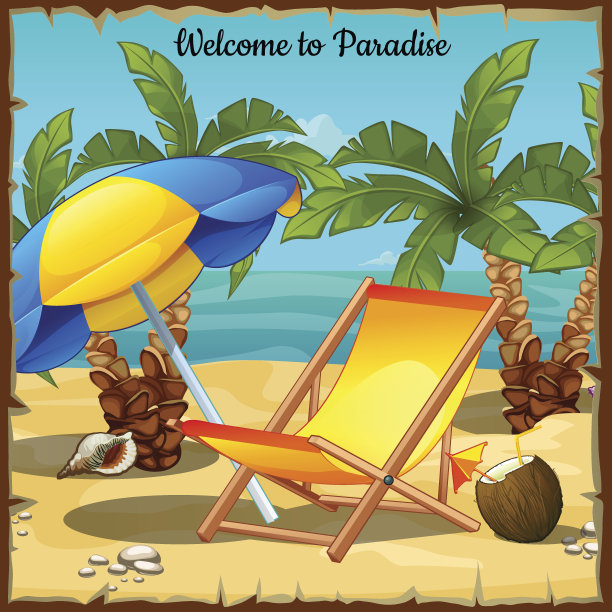有棕榈树和日光浴躺椅的海上卡片图片下载