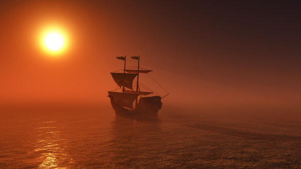 在日落海上航行的3D船图片下载
