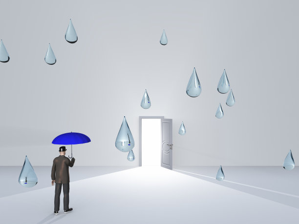 男人带着伞和水滴在白色的房间里图片下载