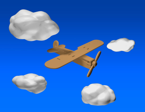 木制飞机在蓝天与3d云的背景飞行。图片下载