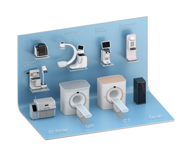 医学影像系统在蓝色展示台上图片下载