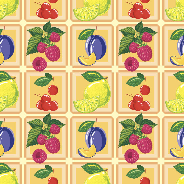 成熟柠檬，覆盆子，樱桃和李子的图案图片下载