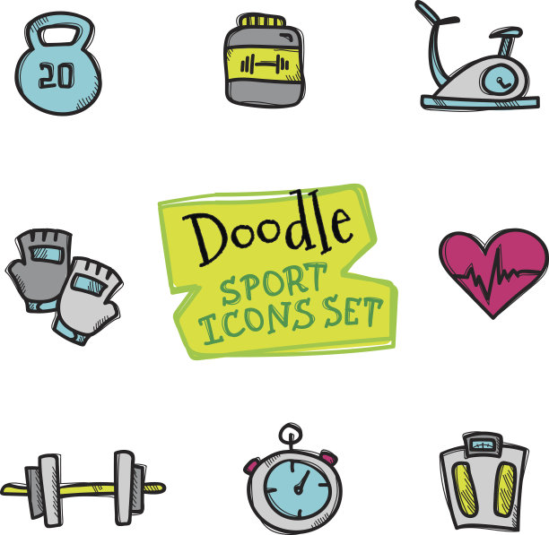 矢量涂鸦风格的线条图标运动集。可爱的手绘图片下载