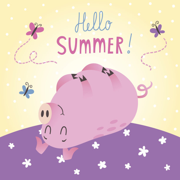 你好夏天向量卡与可爱的猪图片下载
