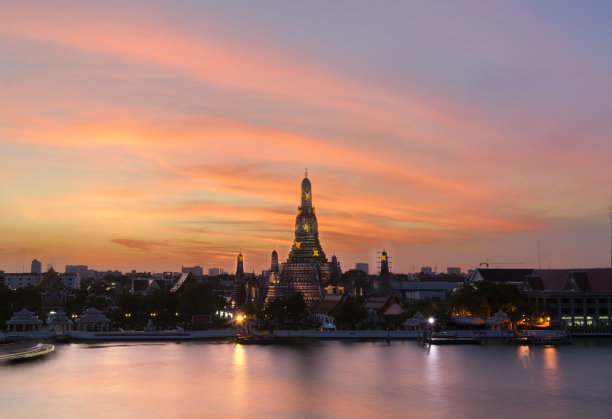 Wat Arun日落光反射池在泰国曼谷。图片下载