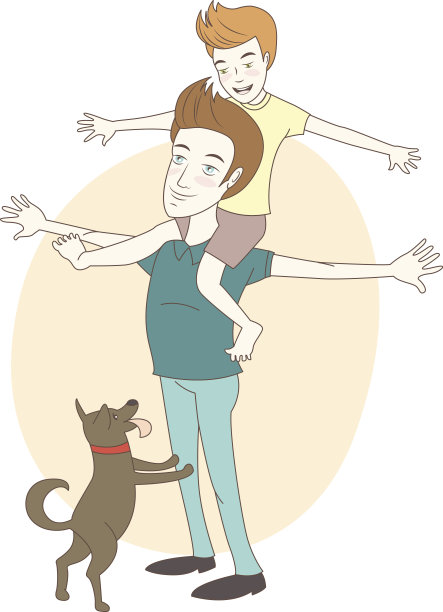 儿子和他们的狗骑在他父亲的肩上。图片下载