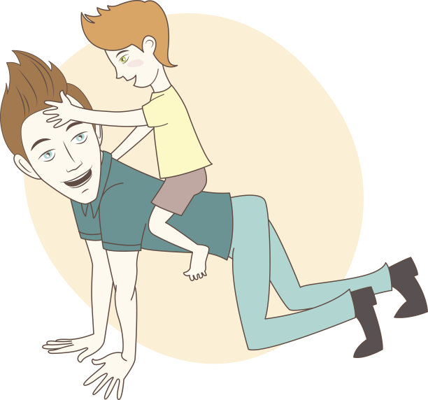 儿子骑在父亲的背上。手绘的风格图片下载