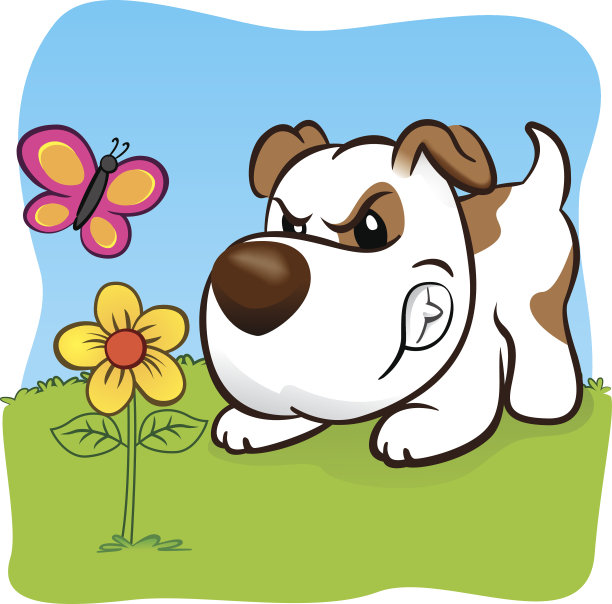 吉祥物狗为一朵花上的蝴蝶生气地吠叫图片下载