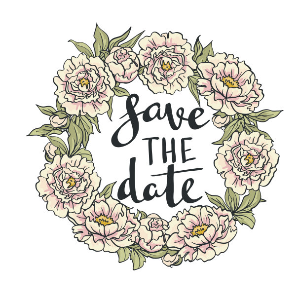 牡丹的花环。婚礼卡片与时尚的字母。图片下载