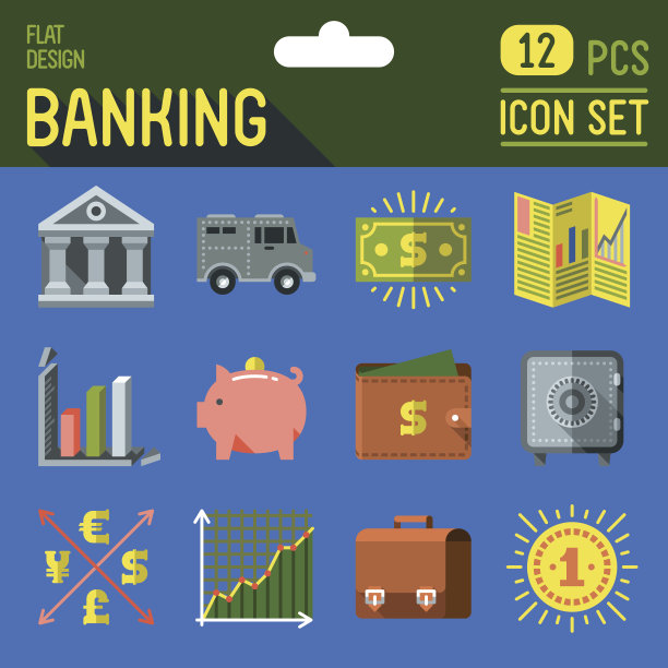 银行的图标集。平面设计长阴影。矢量插图。图片下载