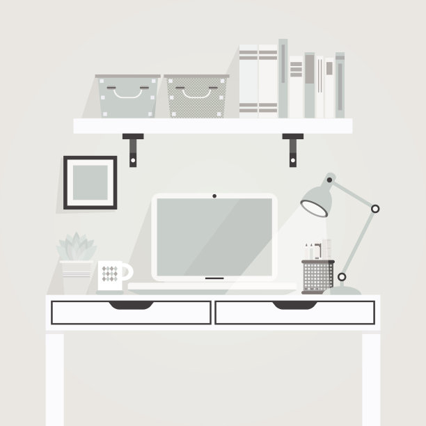 漂亮的白色和蓝绿色的工作场所，在灰色的背景图片下载