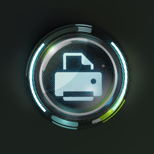 发光的3D打印机按钮在黑暗的背景。图片下载