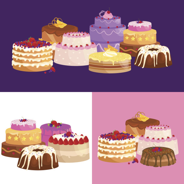 矢量蛋糕图标设置，生日食品，甜甜点，孤立的插图。图片下载