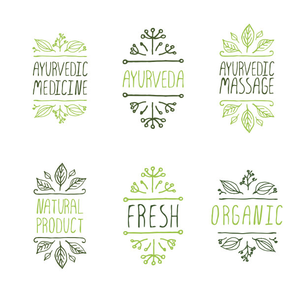 手绘排版元素。阿育吠陀的产品标签。图片下载