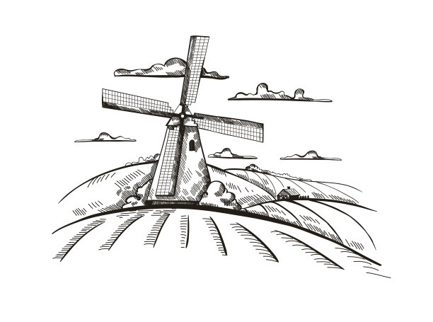 手绘的乡村风景和风车的场景图片下载