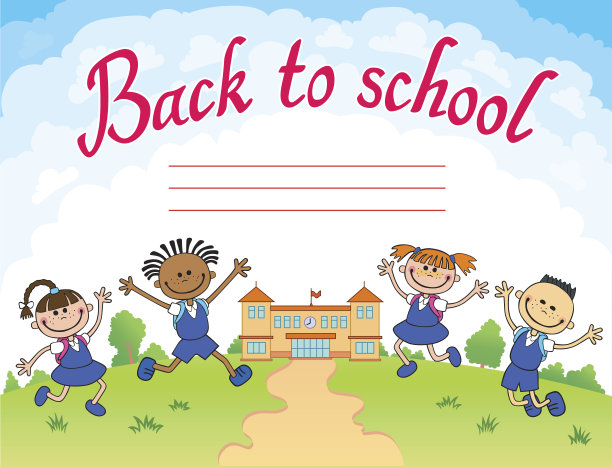 横幅返回学校，男孩女孩小学生字母标志向量图片下载