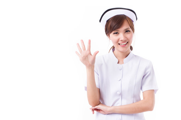 快乐的亚洲护士竖起五个手指图片下载