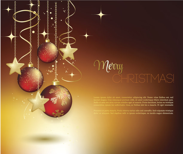 金色的圣诞贺卡和红色的小装饰品图片下载