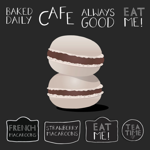 奶油填充的马卡龙插图黑板上的手写标签。图片下载