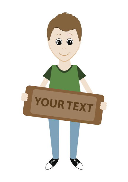 卡通男孩拿着一个牌子让你写文章。向量图片下载