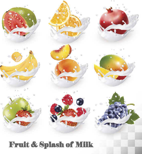 大收集图标的水果在牛奶溅。图片下载