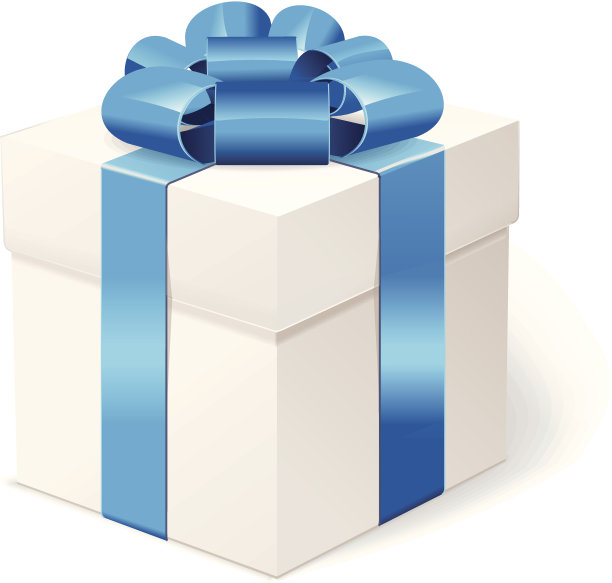 白色礼盒，带蝴蝶结和蓝色丝带。图片下载