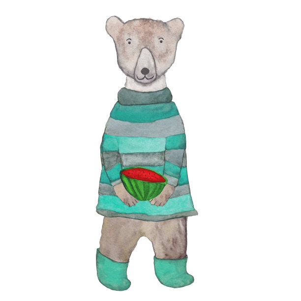 穿着衣服的白北极熊和西瓜。图片下载