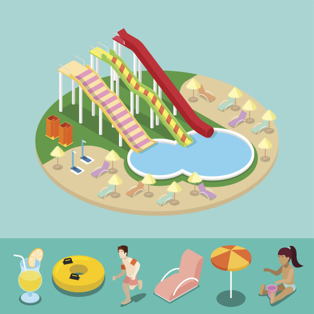 等距水公园与水滑梯和游泳池图片下载