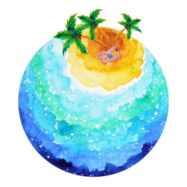 男人睡在椰子树下晒太阳度假卡通水彩画图片下载