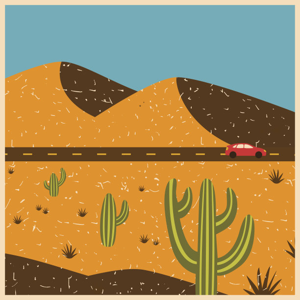 沙丘，道路和汽车，还有仙人掌。复古风格的旅行插图。向量的风景。图片下载