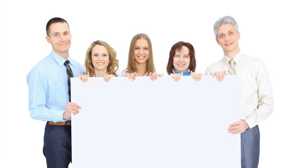 一群商务人士举着广告横幅孤立地站在白色的上面图片下载