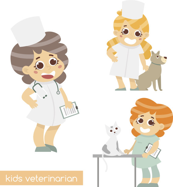 可爱的孩子会被隔离。一组3个角色的兽医。兽医专业矢量插图图片下载