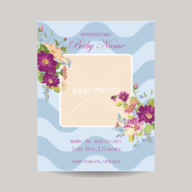 婴儿出生卡与相框-鲜花主题图片下载