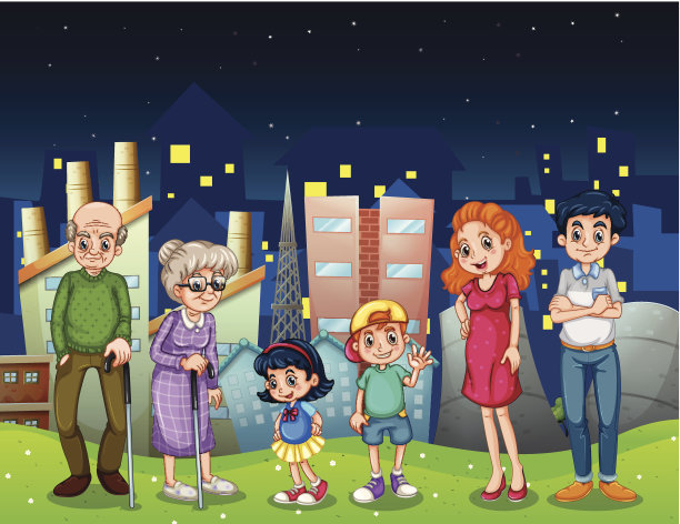 家人站在城市的高楼大厦前素材图片