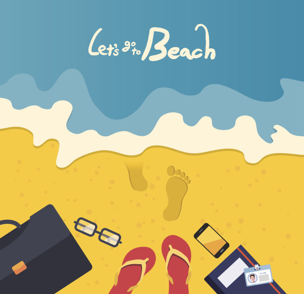 暑假矢量插画，平面设计商，沙滩概念图片下载