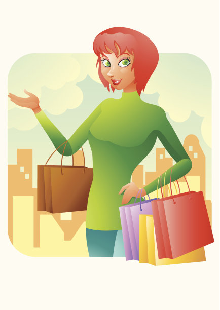 红发女人购物城市背景图片下载