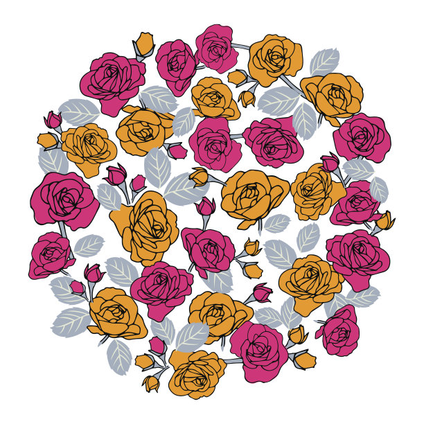 粉色和黄色玫瑰圈，复古花圈，孤立向量图片下载