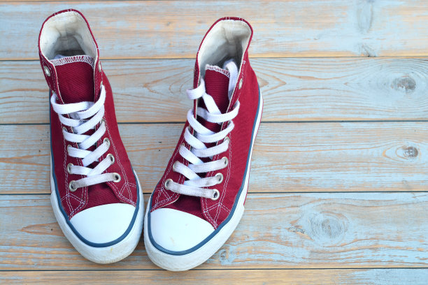 垃圾木背景与红色旧帆布运动鞋图片下载