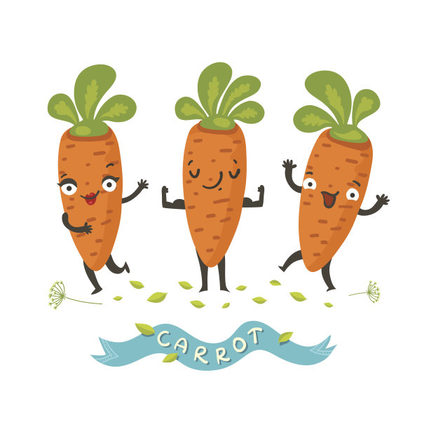 可爱的快乐胡萝卜角色摆姿势和挥舞着“胡萝卜”丝带图片下载